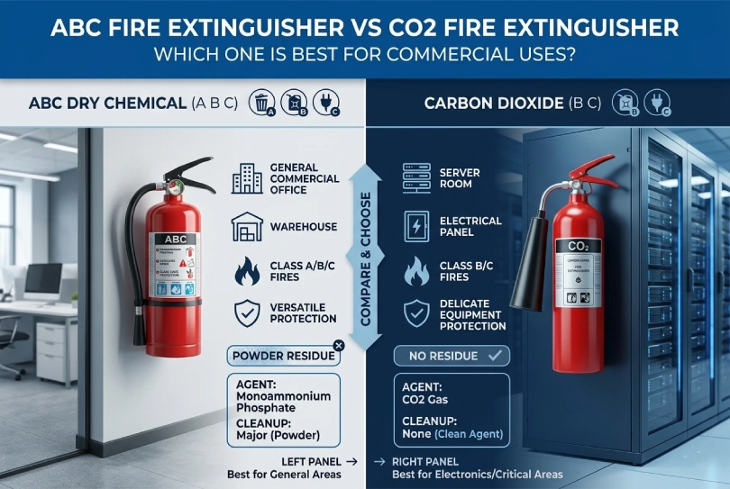 ABC fire extinguisher Vs CO2 Fire Extinguishers - Which One is Best for Commercial Uses?